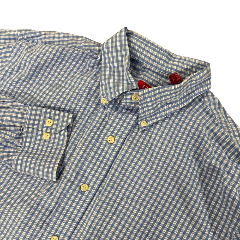 IZOD Mens L Blue White Plaid Long Sleeve Button Down Collar Casual Dress Shirt